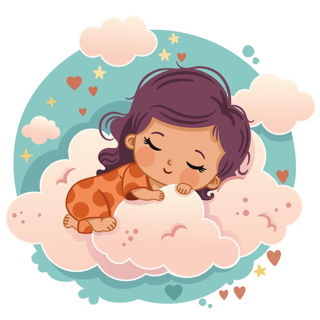 Vector vector illustration of a little girl sleeping on the clouds