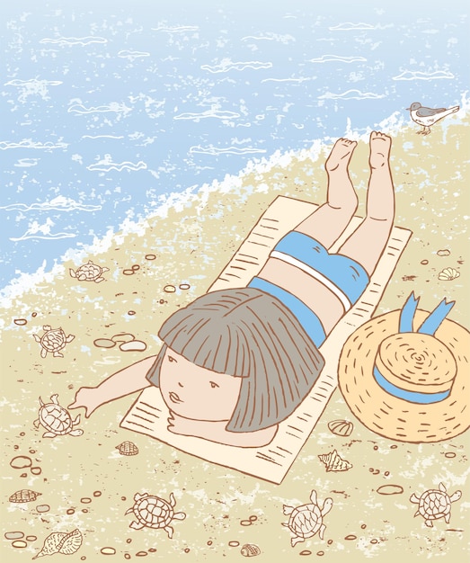 Vector illustration of little girl sunbathing on beach