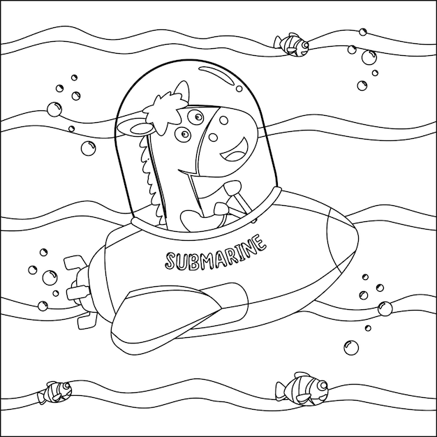 Vector vector illustration of little horse driving submarine colouring book or page