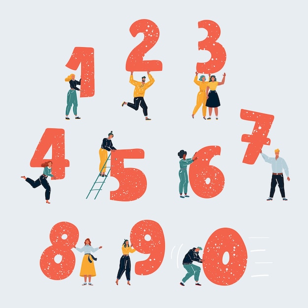 Vector illustration of little people with numbers tiny people with one two thee four five six seven