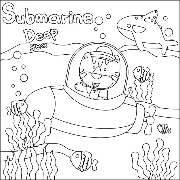 Vector illustration of little tiger driving submarine with cartoon style colouring book or page