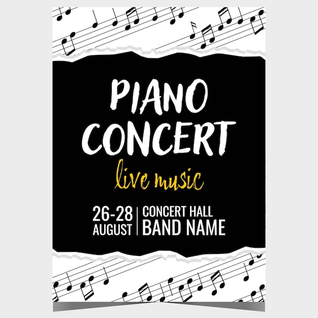 Vector vector illustration for live piano music concert with white musical notes on the black background