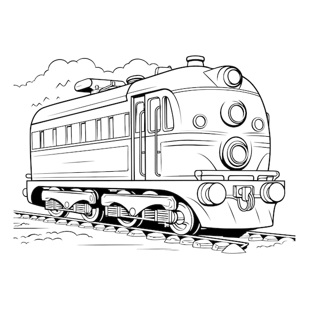 Vector illustration of a locomotive on the rails Monochrome image