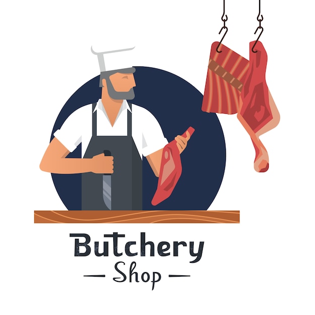 Logo di illustrazione vettoriale per una macelleria con un macellaio barbuto al lavoro.