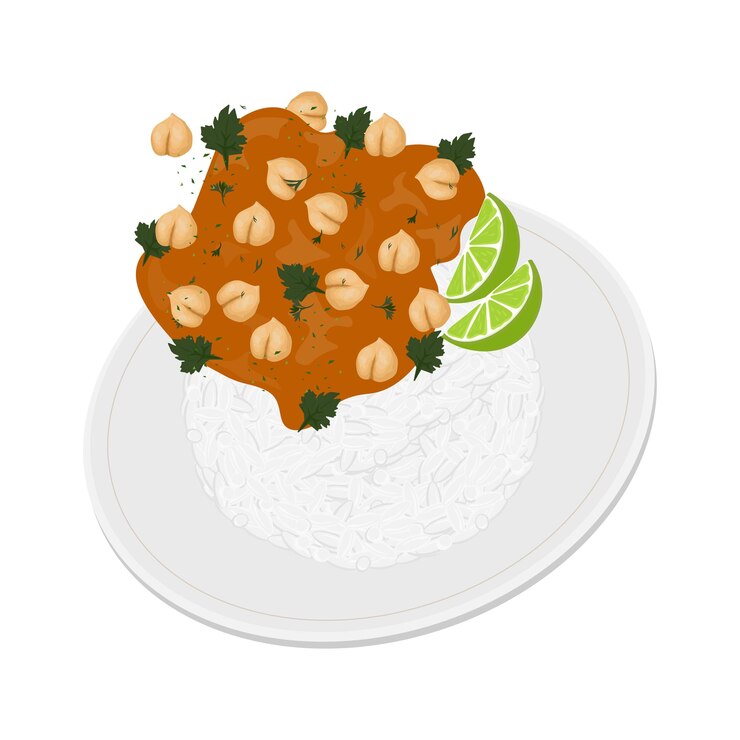 Vector vector illustration logo clipart levitation chana masala spicy chickpea curry with basmati rice