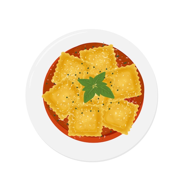 Vector Illustration Logo Clipart Top View Huisgemaakte Italiaanse Ravioli met tomatensaus