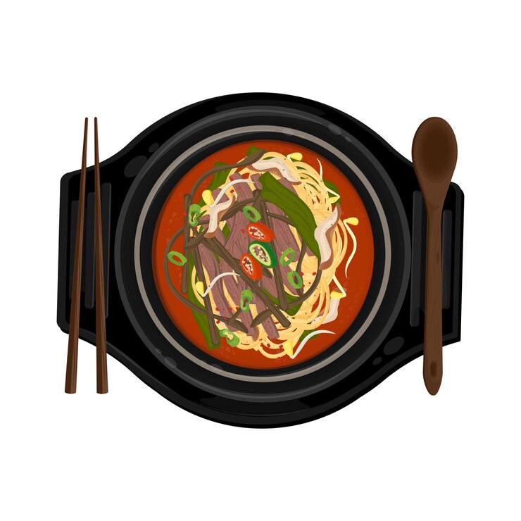 Vector 터화 로고 클리파트  뷰 yukgaejang 매운 고기 수프와 야채를 먹을 준비가 되어 있습니다.