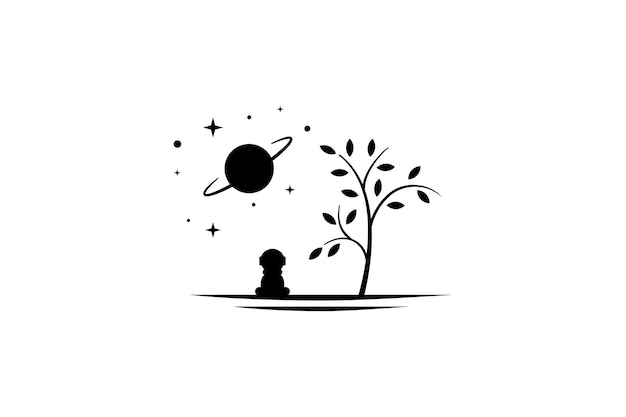 Vector illustration of a logo design of a boy wearing an astronaut suit looking into space while sitting under a tree