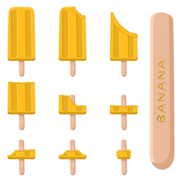 막대기에 있는 천연 바나나 아이스크림을 위한 벡터 그림 로고 달콤하고 차가운 아이스크림으로 구성된 아이스크림 패턴은 맛있는 냉동 디저트를 설정합니다 막대기에 노란색 바나나의 신선한 과일 아이스크림