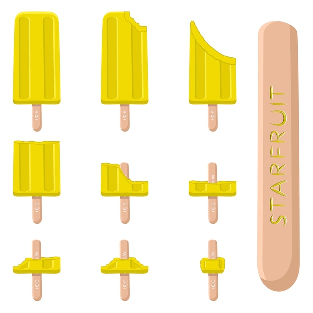 Vector vector illustration logo for natural carambola ice cream on stick ice cream pattern consisting of sweet cold icecream set tasty frozen dessert fresh fruit icecreams of star carambolas on sticks