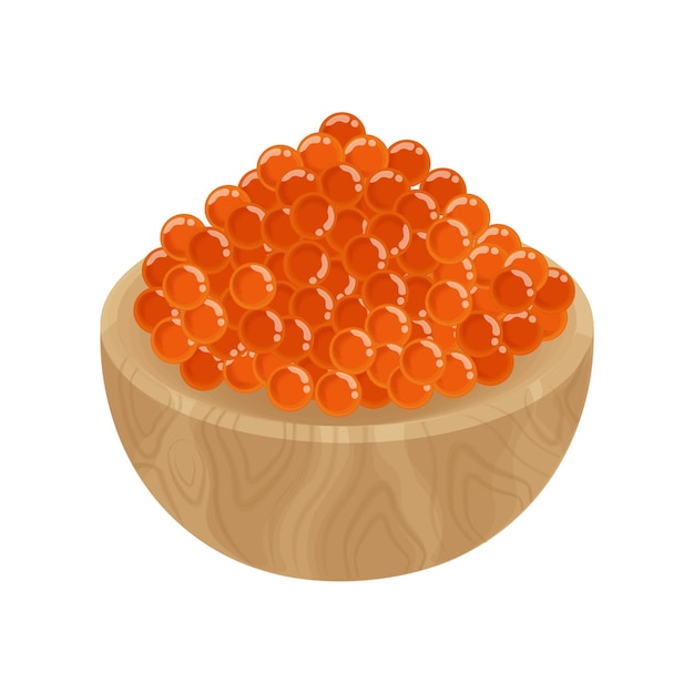 Vector vector illustration logo of salmon eggs or red caviar in a wooden bowl