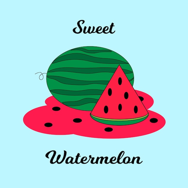 Векторная иллюстрация логотипа для цельных спелых красных фруктов, арбуза, зеленого стебля, нарезанного наполовину нарезанным ломтиком ягоды с красной мякотью. Арбузный рисунок из натуральных сладких продуктов.