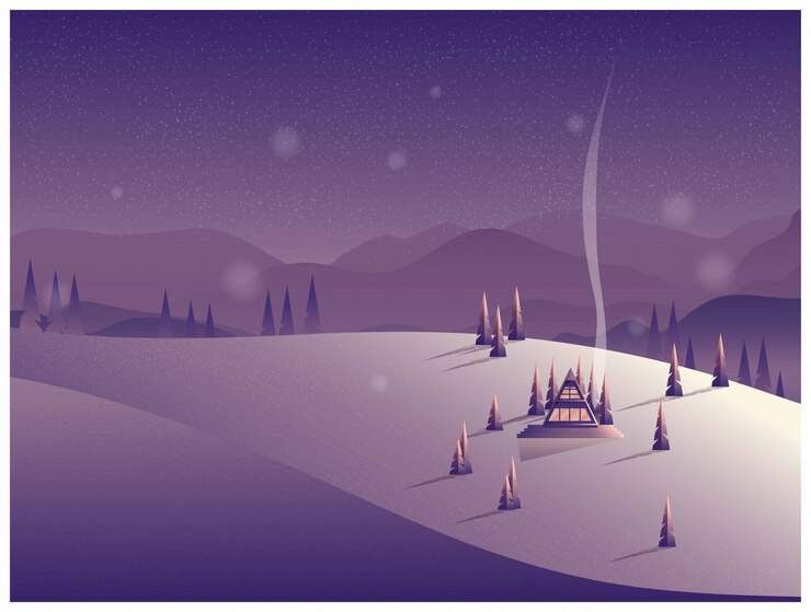 Vector vector illustration of a lonely cabin in the mountain in winter.