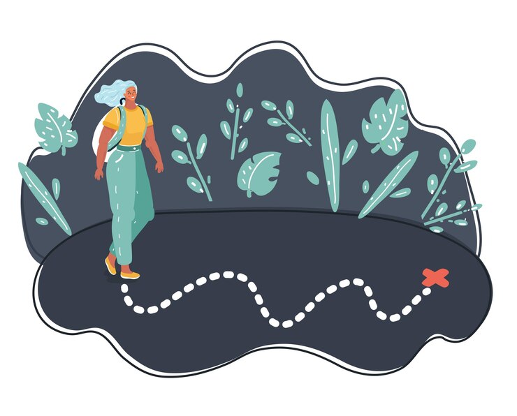 Vector vector illustration of lonely woman walking alone on route location map dark background