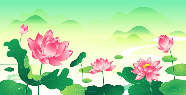 Vector illustration of lotus flowers and leaves background