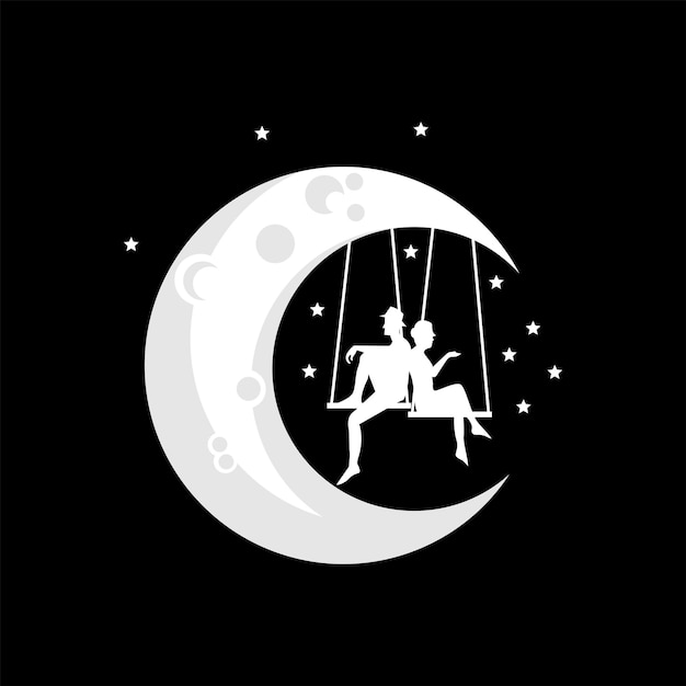 Vector illustration of a loving couple playing on a swing on the moon