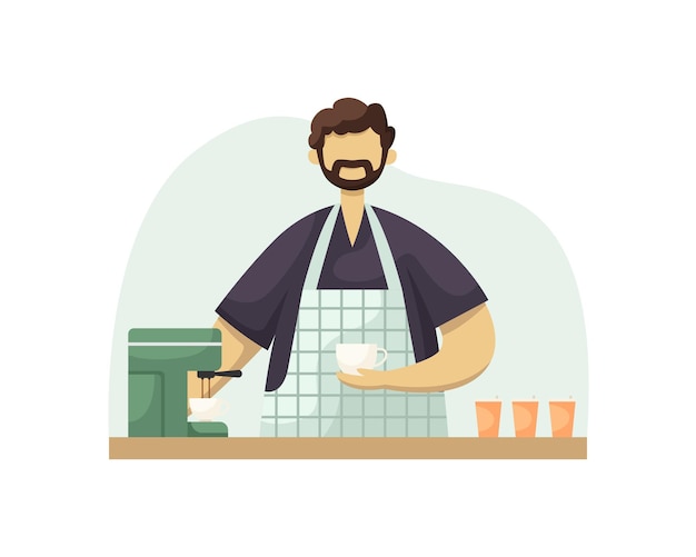 Vector illustration of a male barista with a cup of coffee at the bar Flat style