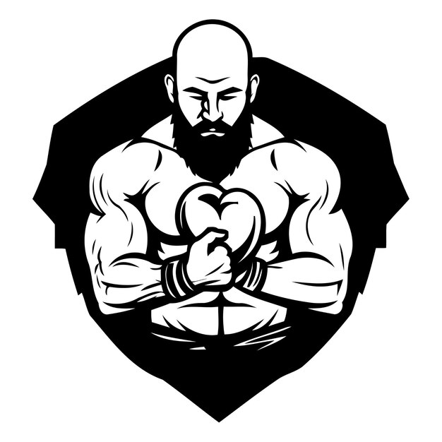 Vector vector illustration of a male bodybuilder holding a heart in his hand