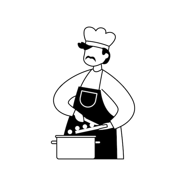 Vector illustration of a male chef cooking food in a saucepan Outline