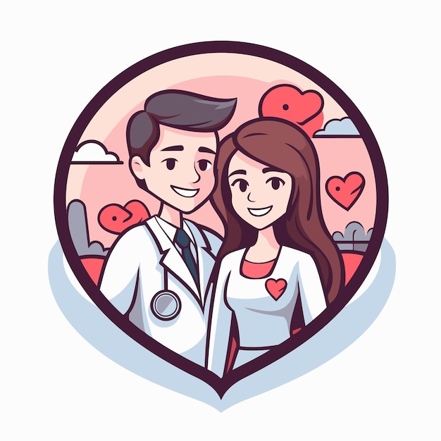 Vector illustration of a male doctor and female nurse in a heart shaped frame