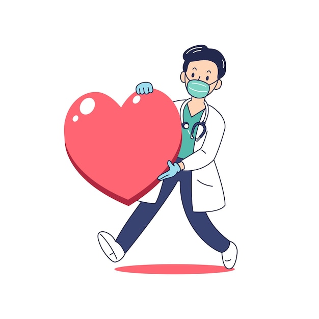 Vector vector illustration male doctor with big heart for design.