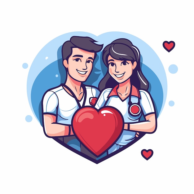 Vector illustration of a male and female doctor with a stethoscope holding a red heart