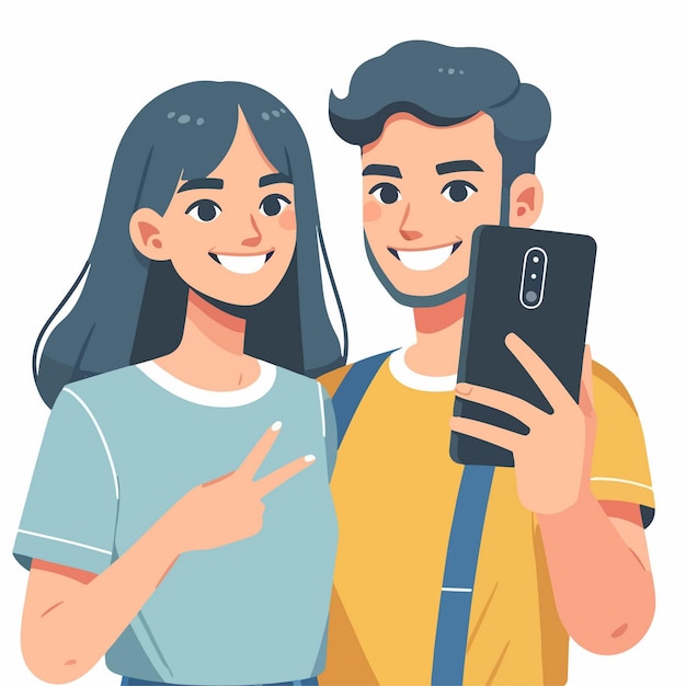 Vector vector illustration of a male and female smiling and taking a selfie together