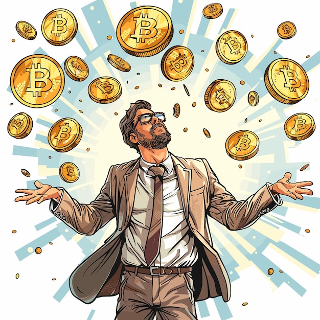 Illustrazione vettoriale di un uomo in abito da lavoro con un bitcoin d'oro