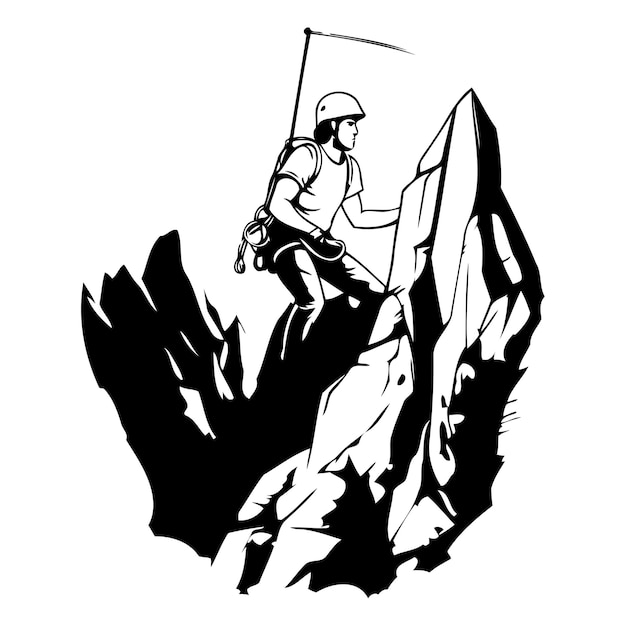 Vector illustration of a man climbing a mountain with a rope and helmet