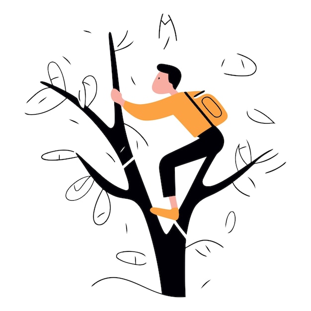 Vector vector illustration of a man climbing a tree on a white background