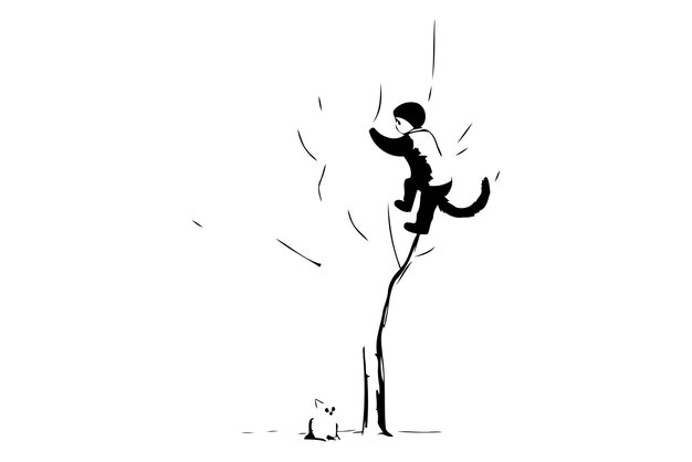 Illustrazione vettoriale di un uomo che si arrampica su un albero con un gatto sullo sfondo