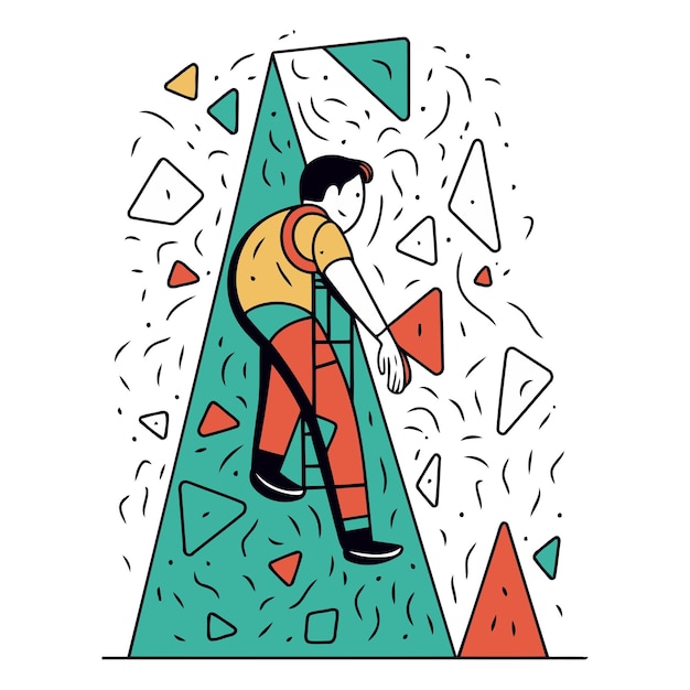 Vector vector illustration of a man climbing on a wall in the form of a triangle