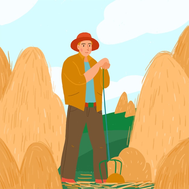 Vector vector illustration man collects hay