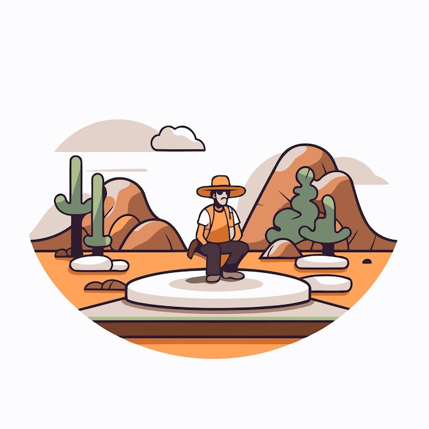 Vettore illustrazione vettoriale di un uomo con un cappello da cowboy seduto su una roccia nel deserto