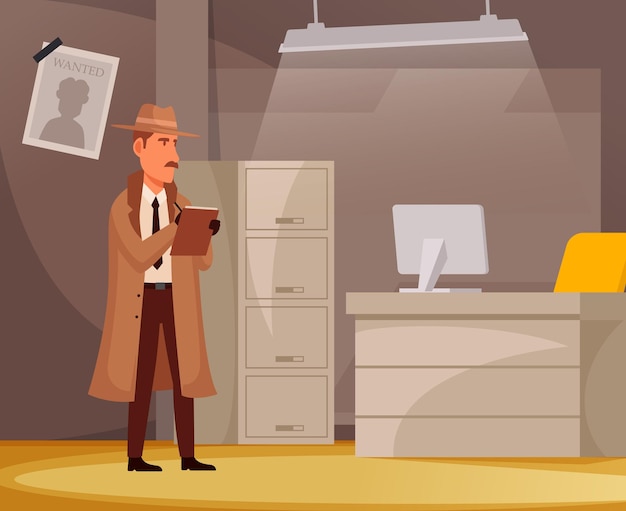 Vector illustration of man detective in a coat and hat investigating