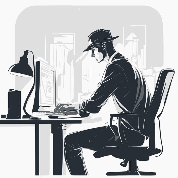 vector illustration of a man in a hat sitting in a chairman working on computer in the office vect