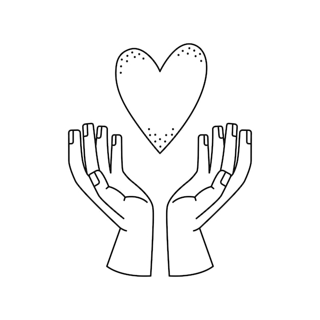 Vector illustration of a man holding a heart under his hands. Hand gestures. Outline illustration.