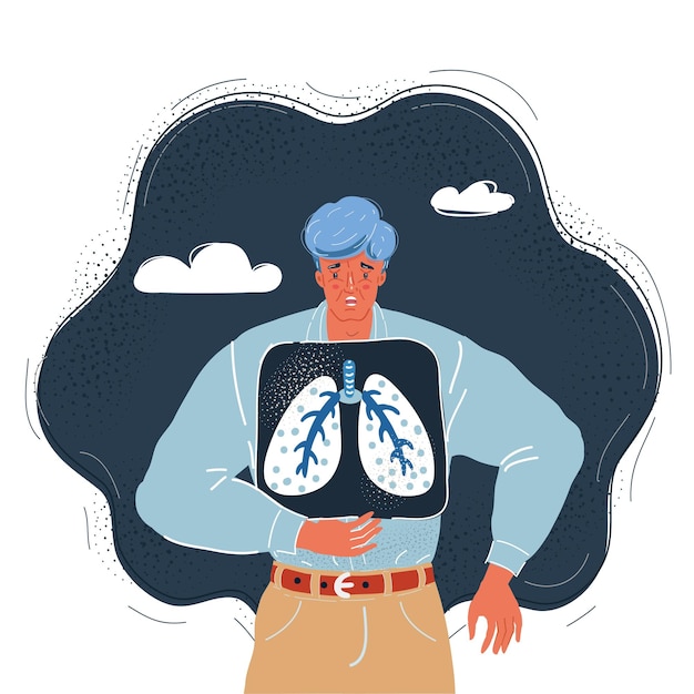 Vettore illustrazione vettoriale di un uomo che tiene una foto a raggi x polmonari su uno sfondo scuro