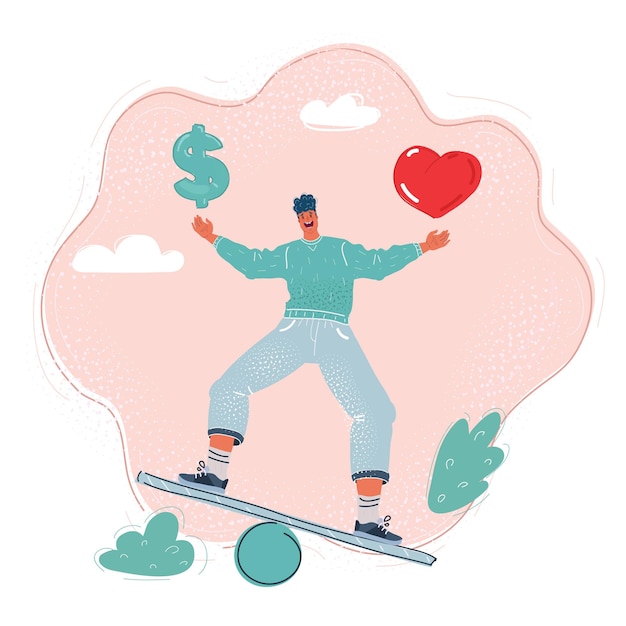 Vector illustration of man is making choice between love and money and is balancing