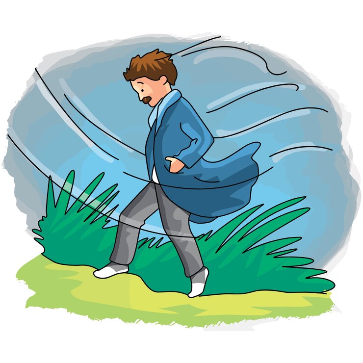 Vector vector illustration man is walking in a storm wearing a jacket