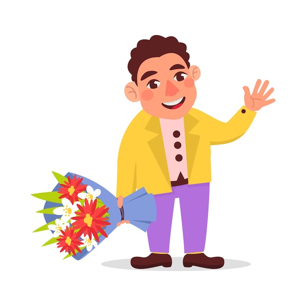 Vector illustration of a man in a jacket holding a beautiful bouquet of flowers and waves his hand