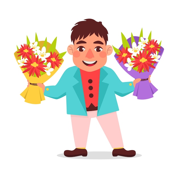 Vector illustration of a man in a jacket holding two beautiful bouquets of flowers