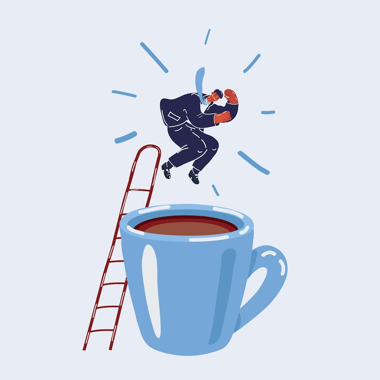 Vector vector illustration of man jump in big mug of coffee