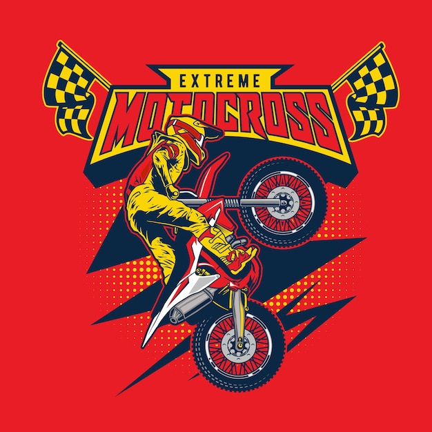 Illustrazione vettoriale dell'uomo che salta con il motocross con sfondo distintivo