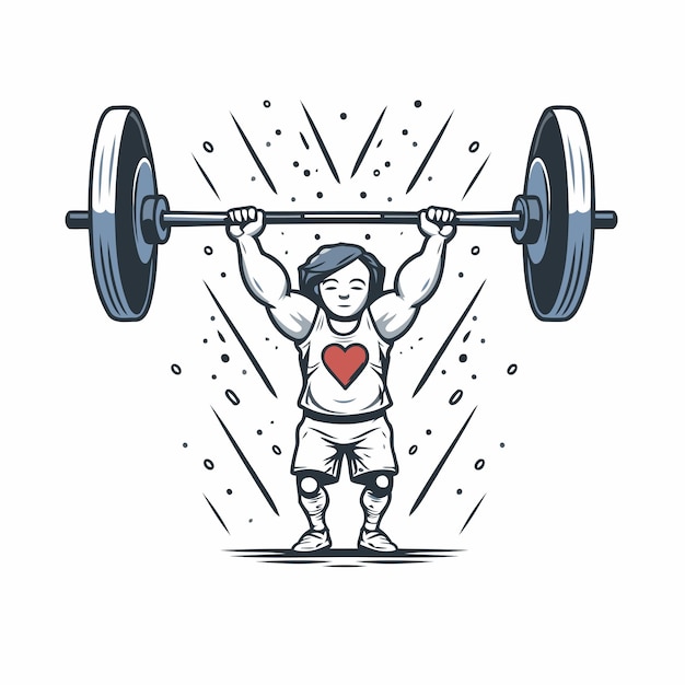 Vector vector illustration of a man lifting barbell with heart shape in the gym