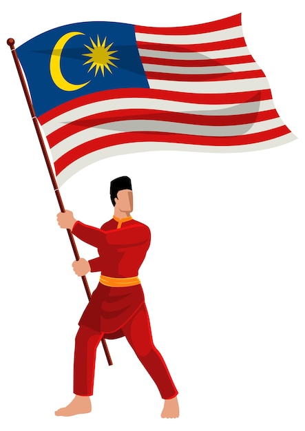 Vector vector illustration of a man in malay traditional costume holding the flag of malaysia