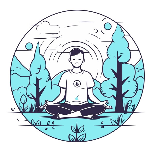 Vector vector illustration of a man meditating in the forest linear style