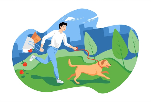 Vector vector illustration of a man on a morning jog with a dog and a picnic bag in a city park