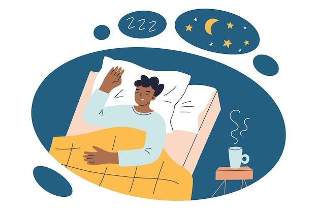 vector illustration of man peacefully sleeping in bed cozy bedroom with nightstand comfortable