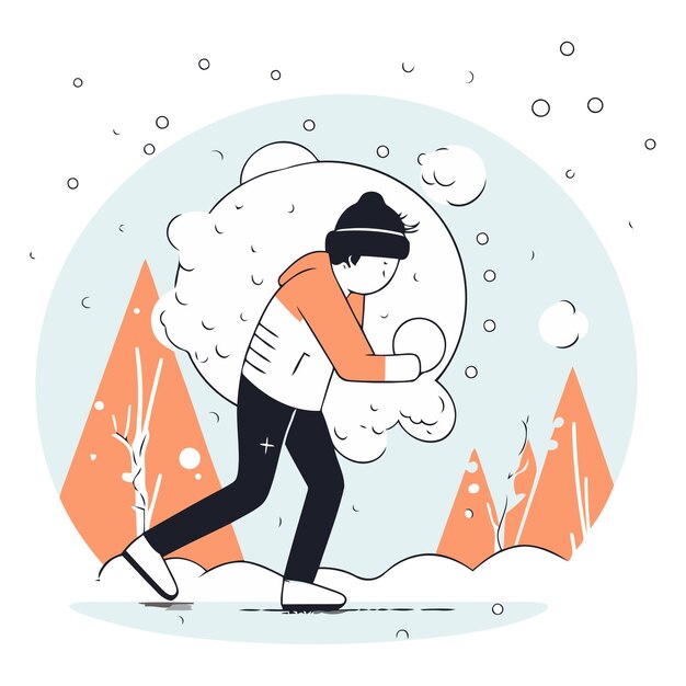 Vector vector illustration of a man playing snowballs in the winter forest